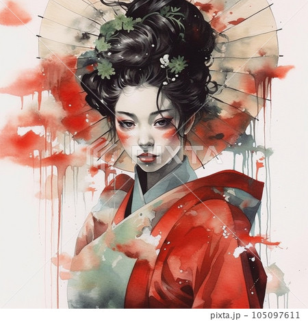 generative ai. geisha colored with watercolors generative ai. geisha colored with watercolors 105097611
