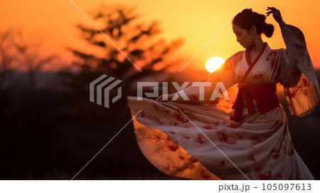 Japanese geisha dance at sunset 105097613