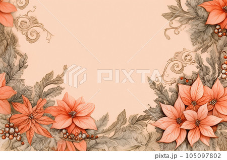 Fir tree twigs and poinsettia flowers edges on simple background with copy space. Generative ai 105097802