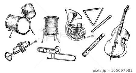 Set of drum kit, contrabass, french horn vector illustration isolated. Musical instruments ink hand drawn. Percussion instrument black white silhouette. Design element for flyer, events, poster Set of drum kit, contrabass, french horn vector illustration isolated. Musical instruments ink hand drawn. Percussion instrument black white silhouette. Design element for flyer, events, poster 105097983