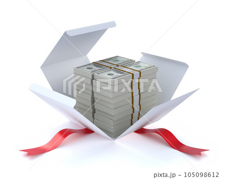 3D conceptual illustration with stack of dollars in open box 105098612