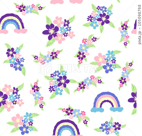 Floral seamless pattern with titian, lavender, blue, purple chamomile flower and leaves on pastel background. Floral seamless pattern with titian, lavender, blue, purple chamomile flower and leaves on pastel background. 105098768