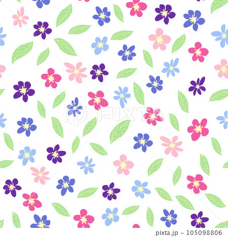 Seamless meadow pattern with flowers with pink, lavender, blue, purple chamomile flower and leaves. Childish, feminine, gentle 105098806