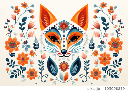 Image of pattern design using fox and flowers and leaves. Wildlife Animals. Illustration, Generative AI. 105098859