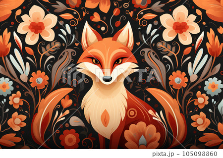 Image of pattern design using fox and flowers and leaves. Wildlife Animals. Illustration, Generative AI. 105098860