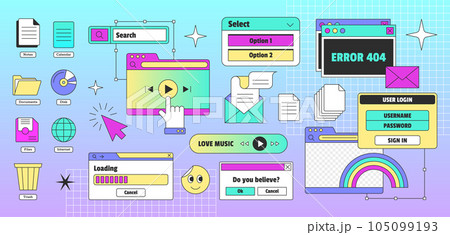 Vaporwave retro pc desktop with user interface elements in y2k style Vaporwave retro pc desktop with user interface elements in y2k style 105099193