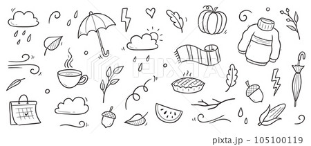 Autumn doodle vector set. Hand drawn doodle sketch style nature fall season, autumn icon background. Autumn falling leaves, wind season, umbrella sketch elements. Vector 105100119