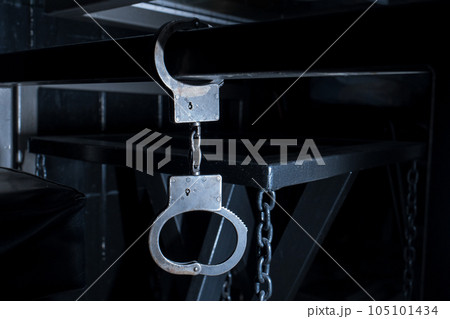 Crime justice arrest criminal object chain law legal control metal silver police lock handcuff concept 105101434