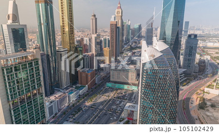Skyline view of the high-rise buildings on Sheikh Zayed Road in Dubai aerial timelapse, UAE. 105102429