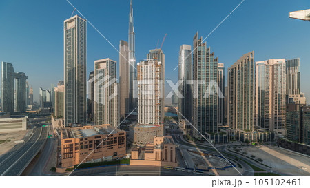 Aerial view of Dubai Downtown skyline with many towers timelapse. Aerial view of Dubai Downtown skyline with many towers timelapse. 105102461
