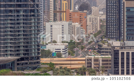 Dubai International Financial district aerial timelapse with road traffic Dubai International Financial district aerial timelapse with road traffic 105102508
