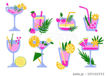 Cartoon tropical cocktails set. Drinks, soda, juice Cartoon tropical cocktails set. Drinks, soda, juice 105102553