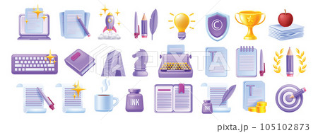 3D write author icon set, vector laptop article, creative story content sign, book paper document.  105102873