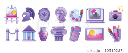 3D museum education icon vector set, art gallery historical sign, culture heritage archaeology kit 105102874