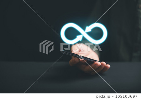 Businessman holds smartphone with infinity symbol, representing unlimited connection in data technology, future unlimited. Infinite power, energy, internet information. technology infinity data Businessman holds smartphone with infinity symbol, representing unlimited connection in data technology, future unlimited. Infinite power, energy, internet information. technology infinity data 105103697