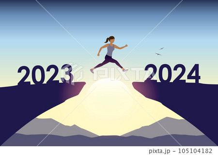 woman jumping over a cliff from 2023 to 2024 happy new year 105104182