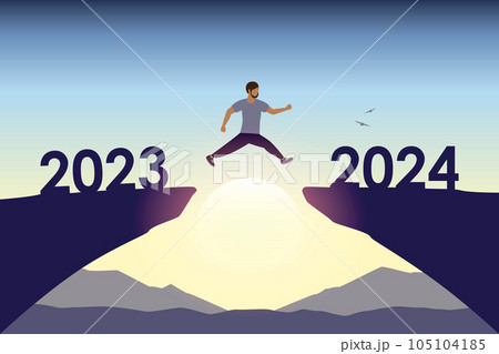man jumping over a cliff from 2023 to 2024 happy new year man jumping over a cliff from 2023 to 2024 happy new year 105104185
