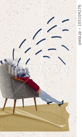 Young woman sitting on armchair and suffering from broken heart, crying. Contemporary art collage. 105104276