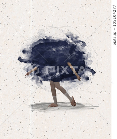 Unclear, tangled thoughts. Young woman feeling depressed, suffering from mental manipulation. Contemporary art collage. 105104277