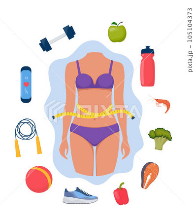 Weight loss concept. Slim woman body in underwear surrounded by healthy lifestyle icons. Healthy food and sport. Vector illustration. 105104373