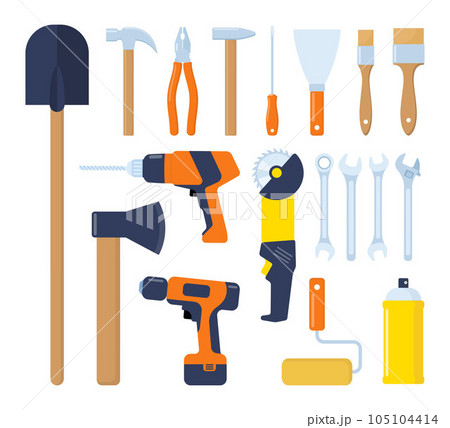 Collection of working tools. Repair and construction tools icon set. Hammer, pliers, chisel, file, screwdriver, shovel, axe, wrench, saw, drill, ruler, grinder, tool box. Vector illustration. Collection of working tools. Repair and construction tools icon set. Hammer, pliers, chisel, file, screwdriver, shovel, axe, wrench, saw, drill, ruler, grinder, tool box. Vector illustration. 105104414