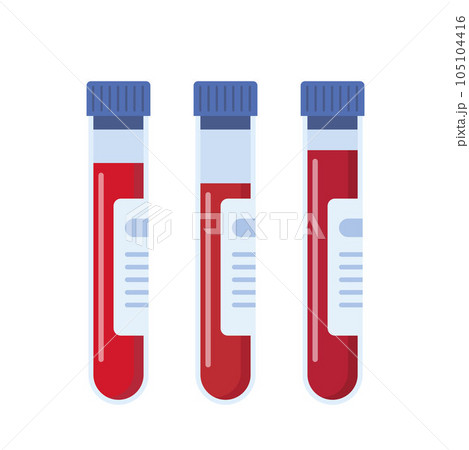 Medical flask icons with blood. Blood test tubes with labels. Vector Illustration in flat style. Medical flask icons with blood. Blood test tubes with labels. Vector Illustration in flat style. 105104416