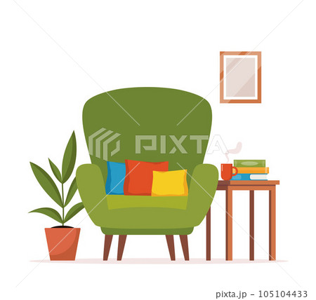 Cute interior with modern armchair, pillow, plant, wall picture, table, books, cup of tea or coffee. Cozy room design. Living room interior. Vector flat style illustration. 105104433