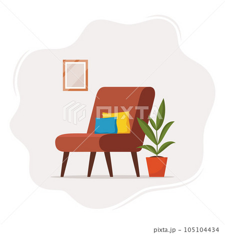 Cute interior with modern armchair, pillow, plant, wall picture. Cozy room design. Living room interior. Vector flat style illustration. Cute interior with modern armchair, pillow, plant, wall picture. Cozy room design. Living room interior. Vector flat style illustration. 105104434
