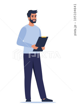Young character with clipboard standing isolated on white background. Man introduce, show and present something. Business speaker standing with clipboard. Male presenter. Vector illustration. 105104641