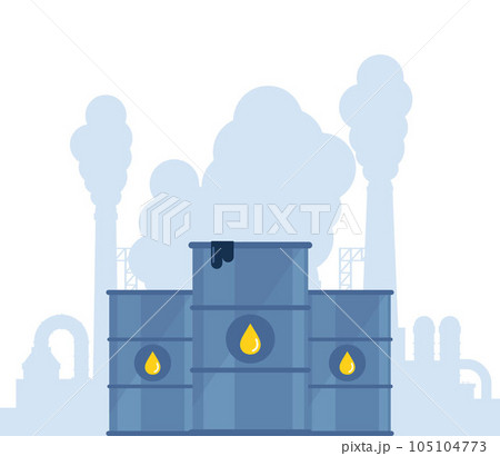 Barrels with oil drop icon and highly polluting factory plant with smoking towers and pipes on background. Barrel with waste. Ecology, environmental pollution. Vector illustration. Barrels with oil drop icon and highly polluting factory plant with smoking towers and pipes on background. Barrel with waste. Ecology, environmental pollution. Vector illustration. 105104773