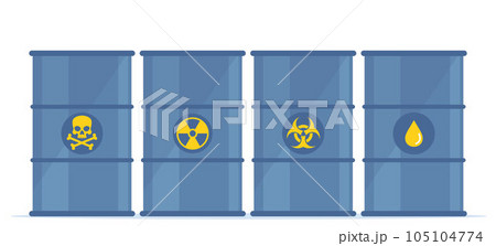 Barrels of Toxic, Biohazard and Radioactive waste. Metal barrels with danger signs. Ecology, environmental pollution, waste. Vector illustration. Barrels of Toxic, Biohazard and Radioactive waste. Metal barrels with danger signs. Ecology, environmental pollution, waste. Vector illustration. 105104774