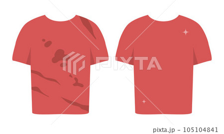 Dirty untidy t shirt with stains and neat clean t-shirt. Fresh cotton clothes with removed mud. Soiled and tidy washed garment. Washing clothes. Household concept. Flat vector illustration. Dirty untidy t shirt with stains and neat clean t-shirt. Fresh cotton clothes with removed mud. Soiled and tidy washed garment. Washing clothes. Household concept. Flat vector illustration. 105104841