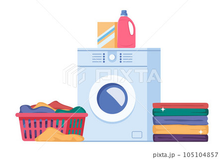 Laundry infographics with sequence of four different stages of washing process. Washing clothes. Dirty linen, washing machine, pile of clean clothes. Housekeeping concept vector illustration. 105104857