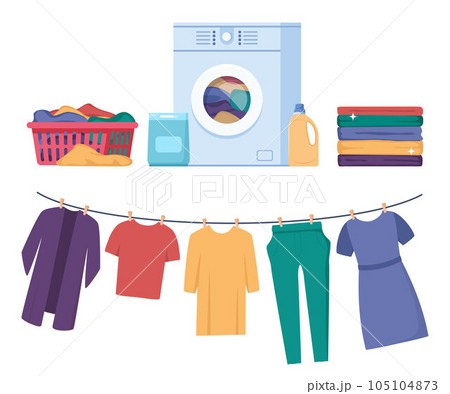 Laundry infographics with different stages of washing process. Washing clothes. Dirty linen, washing machine, pile of clean clothes. Clothes on clothesline. Vector illustration. Laundry infographics with different stages of washing process. Washing clothes. Dirty linen, washing machine, pile of clean clothes. Clothes on clothesline. Vector illustration. 105104873