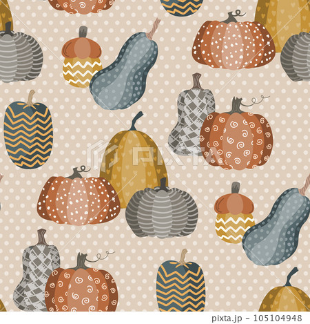 Cute doodle pumpkins seamless pattern on polka...のイラスト素材 [105104948 ...