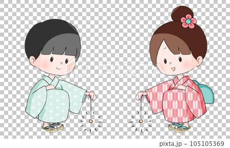 兩個孩子穿著浴衣玩煙花的插圖 105105369