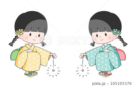 浴衣を着て線香花火をする子供2人のイラスト 105105370