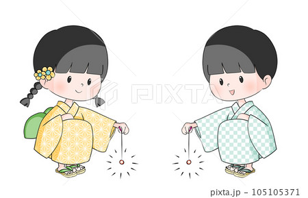 浴衣を着て線香花火をする子供2人のイラスト 105105371