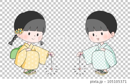 浴衣を着て線香花火をする子供2人のイラスト 105105371