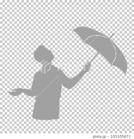 一個撐著雨傘的男人抬頭仰望天空，擔心天氣灰色的剪影 105105671