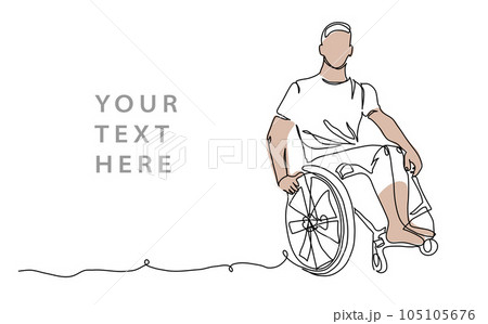 Man is sitting in a wheelchair on a white background. One continuous line art drawing. Simple vector illustration of young wheelchair man 105105676