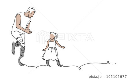 Man and small girl with prosthetic legs, artificial limbs are dancing. One continuous line art drawing of persons with prosthetics. Simple vector illustration of enjoing life with artificial limbs 105105677