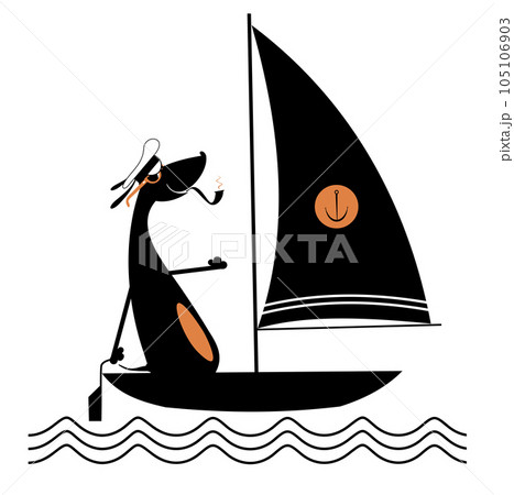 Cartoon dog sails of the yacht illustration. Sailing boat. Funny brave dog a captain smoking a pipe Cartoon dog sails of the yacht illustration. Sailing boat. Funny brave dog a captain smoking a pipe 105106903