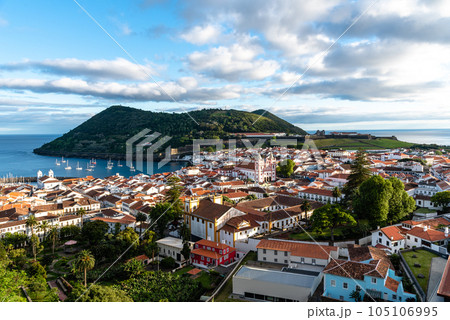 Panoramic Aerial View of the old Town and the port of Angra do Heroismo 105106995