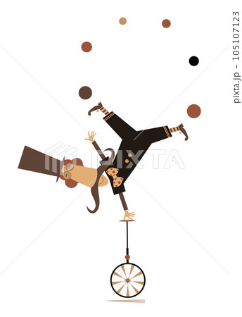 Funny man in the top hat balances on the unicycle.  Cartoon in the top hat balances legs up on unicycle and juggles the balls. Isolated on white background Funny man in the top hat balances on the unicycle.  Cartoon in the top hat balances legs up on unicycle and juggles the balls. Isolated on white background 105107123