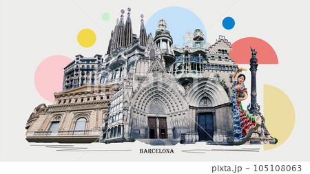Contemporary art collage. Design in modern contemporary retro style about Barcelona 105108063