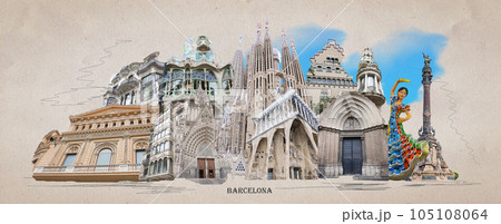 Contemporary art collage. Design in modern contemporary retro style about Barcelona 105108064