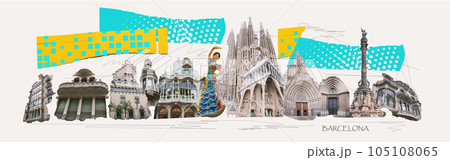 Contemporary art collage. Design in modern contemporary retro style about Barcelona 105108065
