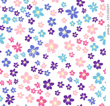 Floral seamless pattern with pink, lavender, blue, purple chamomile flower and leaves. Childish, feminine, gentle Floral seamless pattern with pink, lavender, blue, purple chamomile flower and leaves. Childish, feminine, gentle 105108207