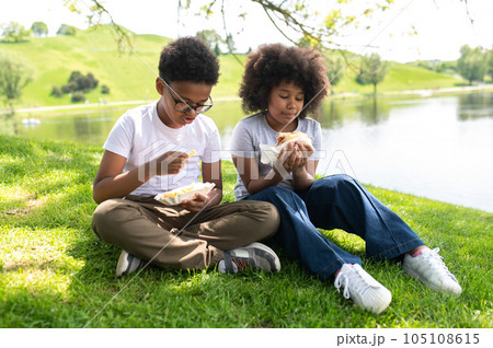 Dark skinned friends or sister and brother sitting on grass in park and eating junk food enjoying. 105108615